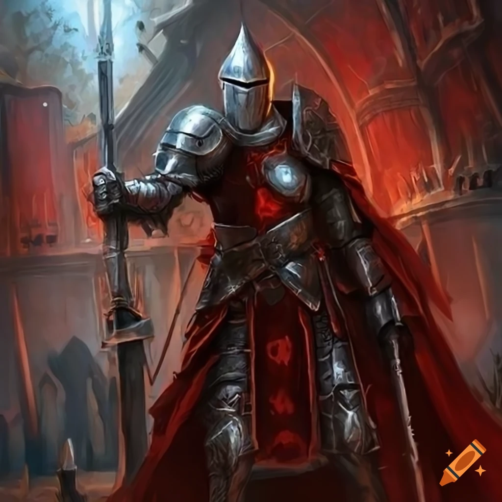 Silver Knight in a castle armory with red fantasy art
