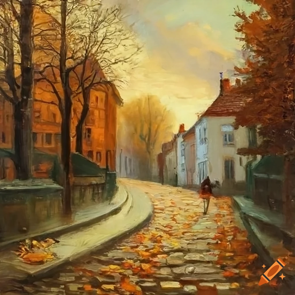 1800's European architecture on a tree-lined cobblestone street in soft spring rain