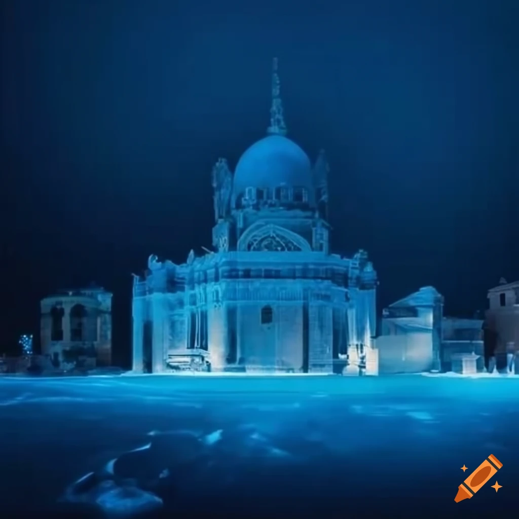 City street in Cairo with blue icy overlay under night sky