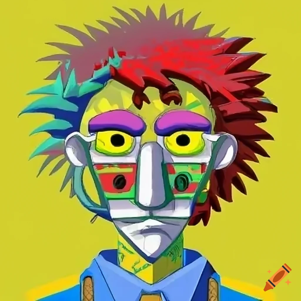 Anime man looking out of a car window in outsider art style with African mask and tarot elements