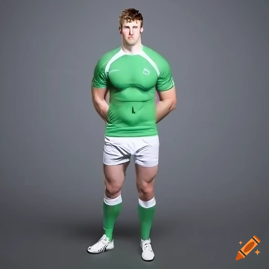 Rugby player in green top and white shorts in a locker room
