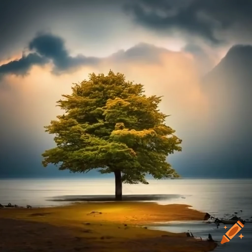 Old gnarled oak tree on a rocky island in the sea during a strong storm with high waves splashing up to the treetops