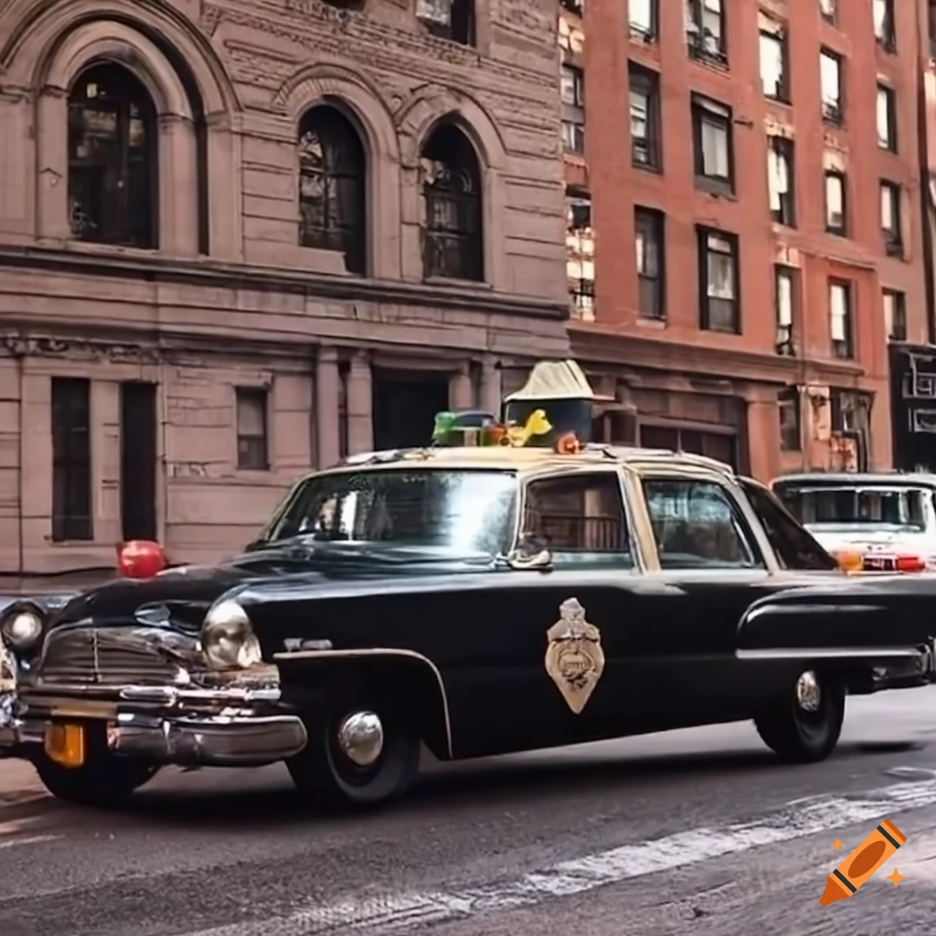New York City street with classic police car stopped for traffic