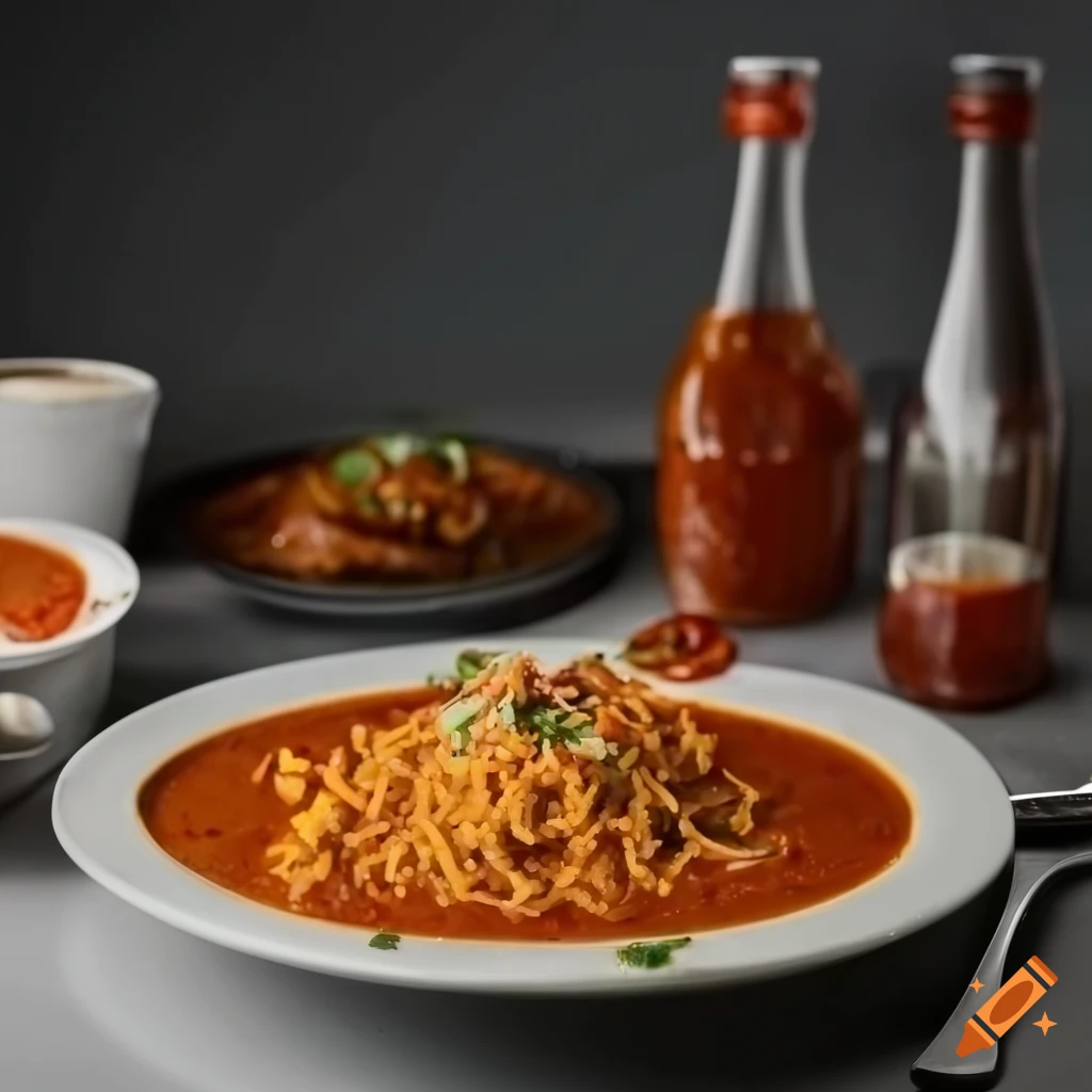 Plate of traditional Indian sev tomato curry on a restaurant table