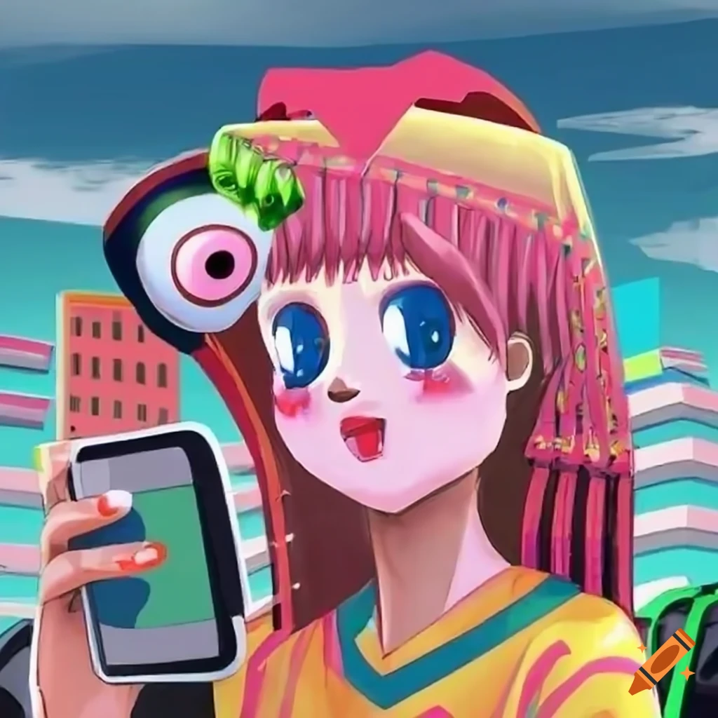Anime girl with big eyes looking out of car window in a colorful and bizarre city with robots