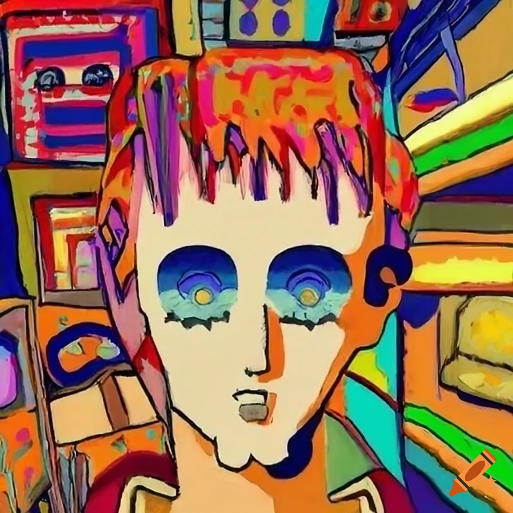 Man looking out of car window in anime-style colorful room with robots and aliens