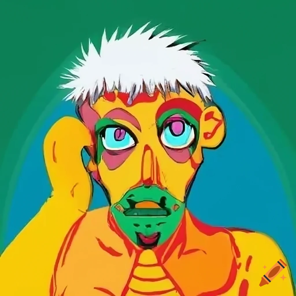 Anime style man looking out of car window in colorful city with robots and aliens