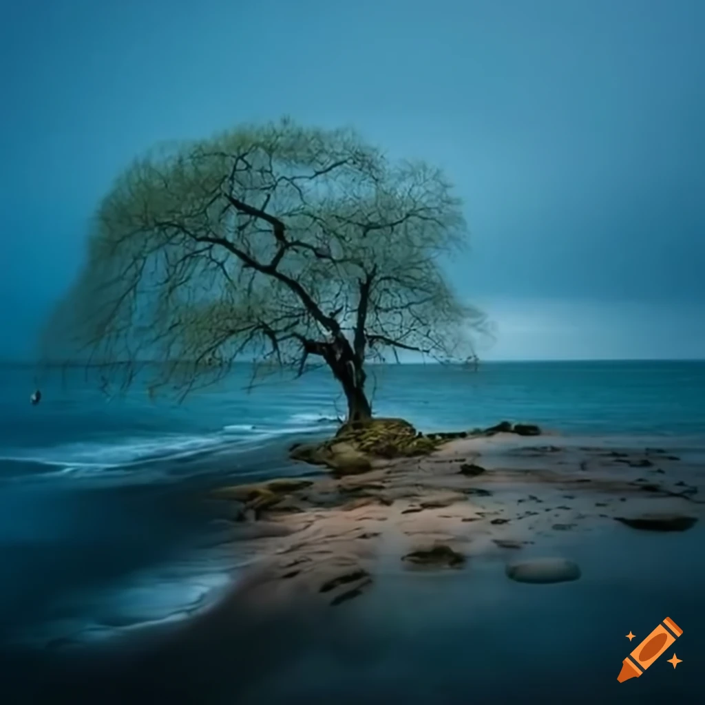Storm rain lightning an old weeping willow tree stands on a high rocky ...