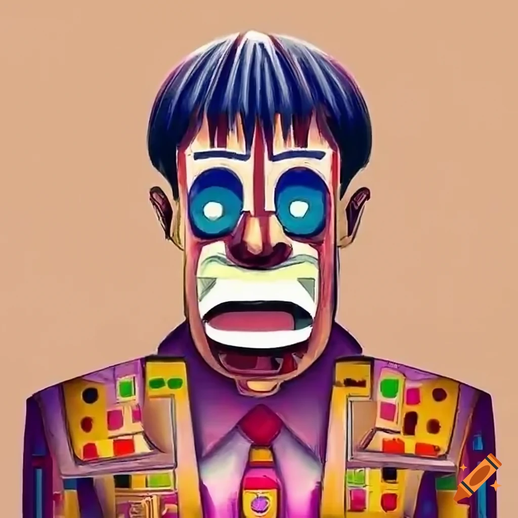Quirky anime man with unique facial expression in colorful city with robots and aliens