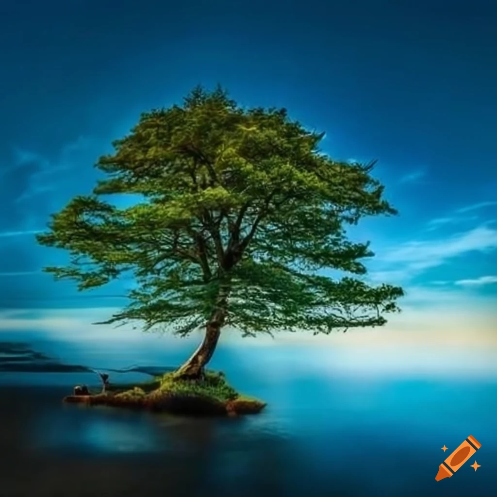 Old gnarled oak tree on a rocky island in the sea during a strong storm