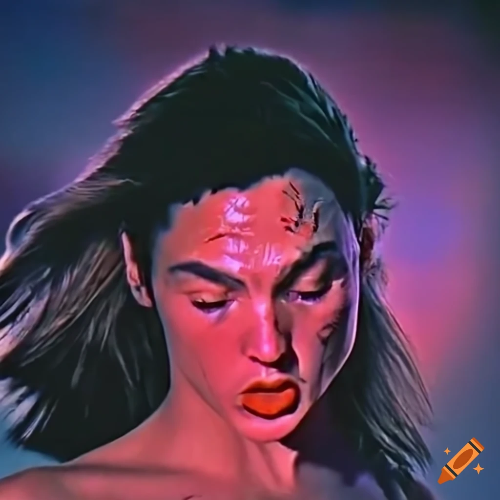 Closeup of expressive martial artist Gal Gadot with bruises and blood, 80's movie style