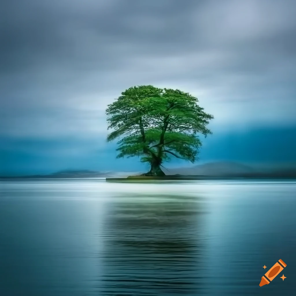 Old gnarled oak tree on a rocky island in the sea during a strong storm