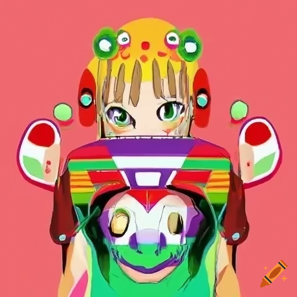 Anime girl with big eyes looking out of car window in colorful city with robots