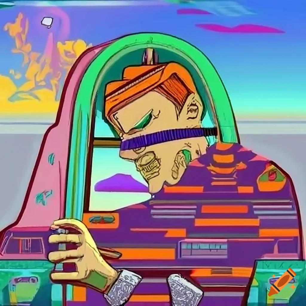 Man looking out of car window with outsider art and tarot style elements, African mask, anime city with robots and aliens, Don Van style
