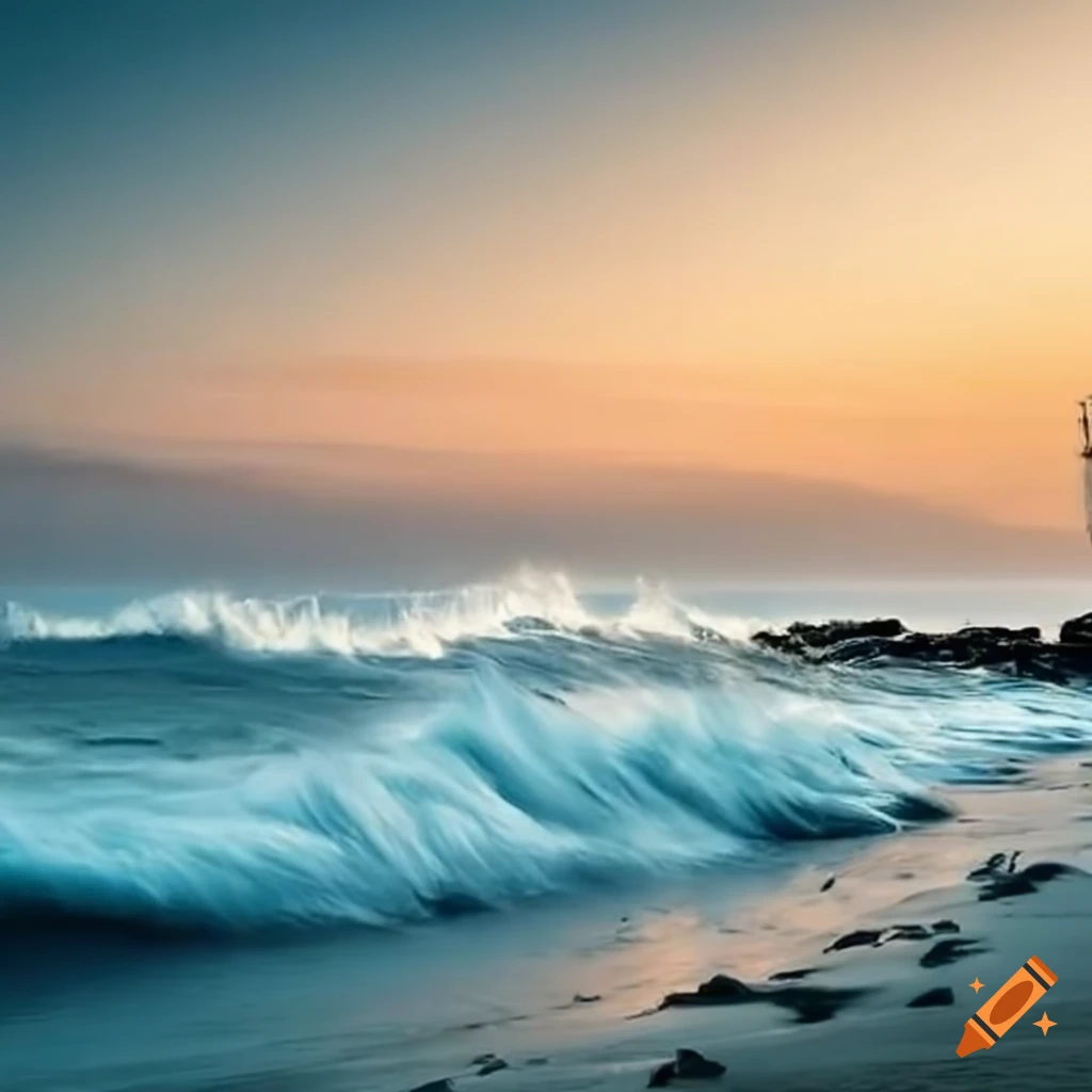 Shipwreck on a stormy beach with high waves crashing onto a sandy shore with rocks