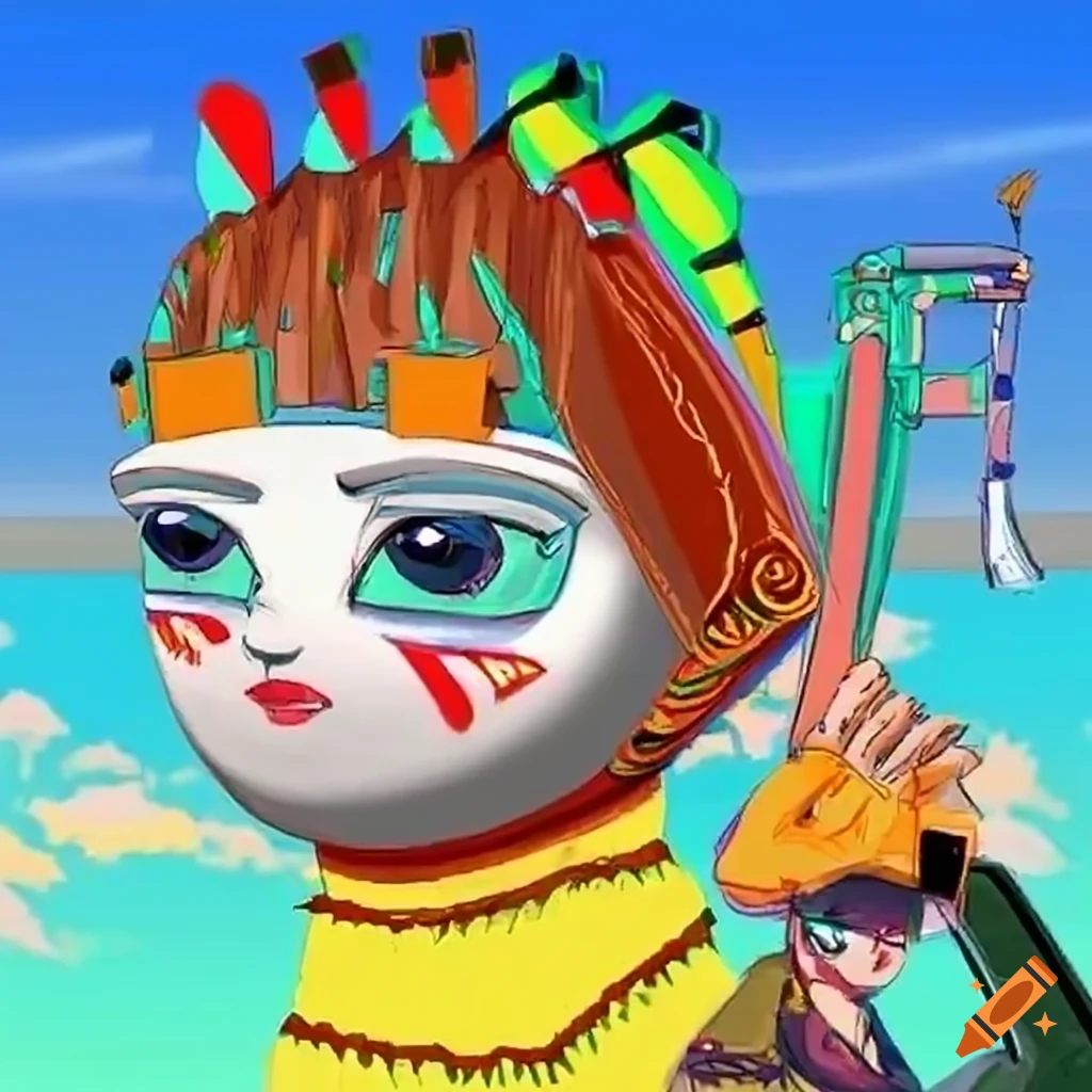 Anime girl looking out of a car window in colorful anime city with robots and aliens