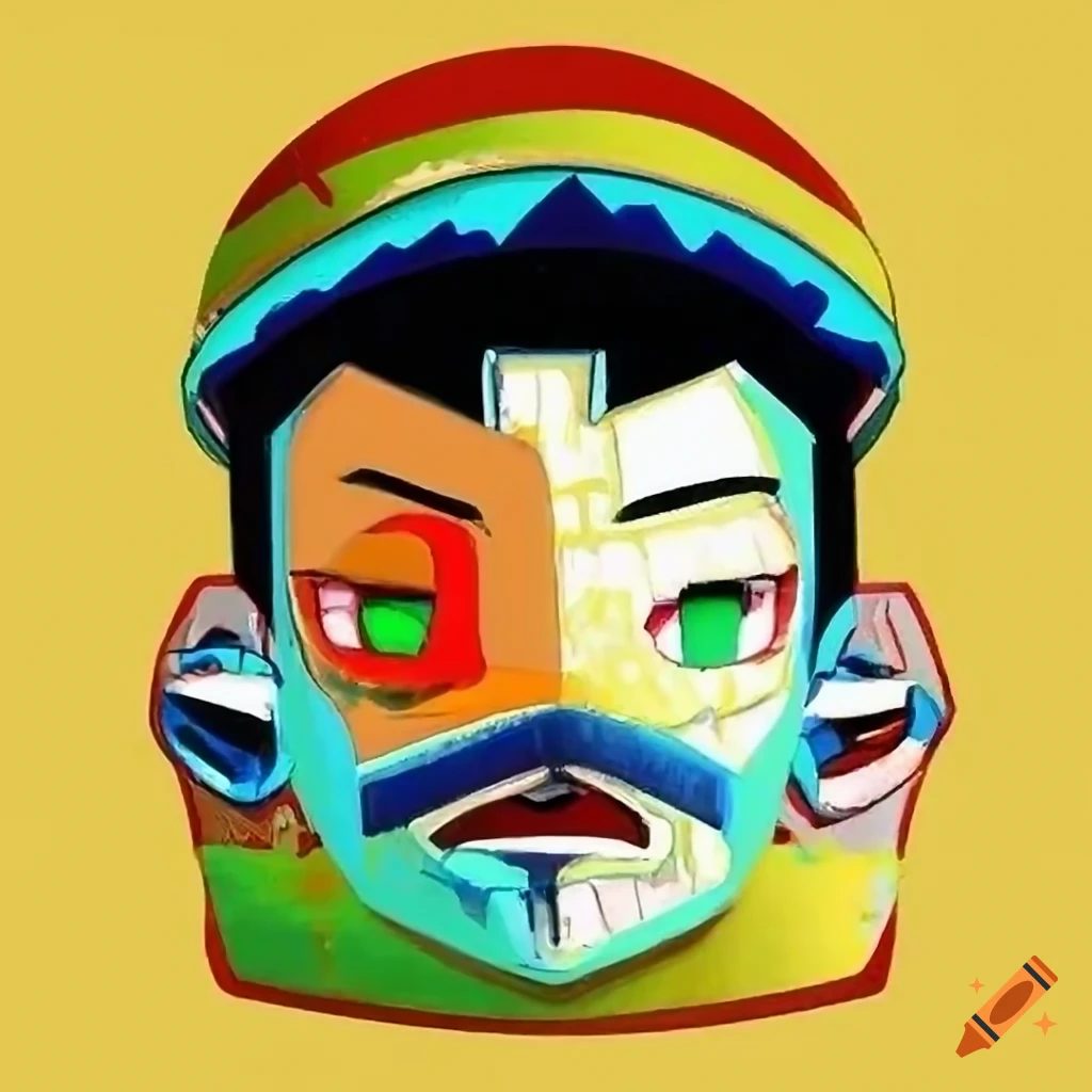Anime man looking out of car window with African mask and tarot style, in outsider art style