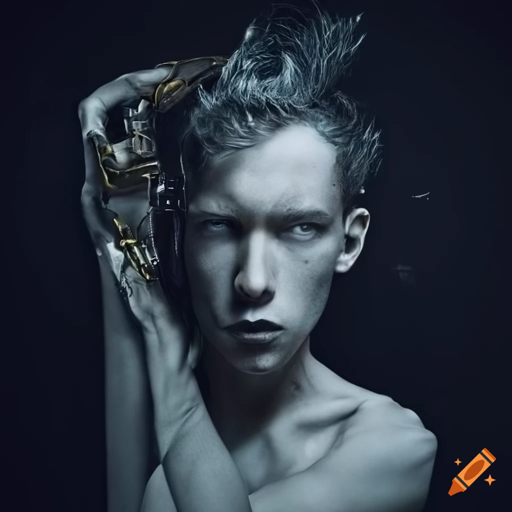Hyperrealistic image of a futuristic male cyborg lost in a drug-induced haze