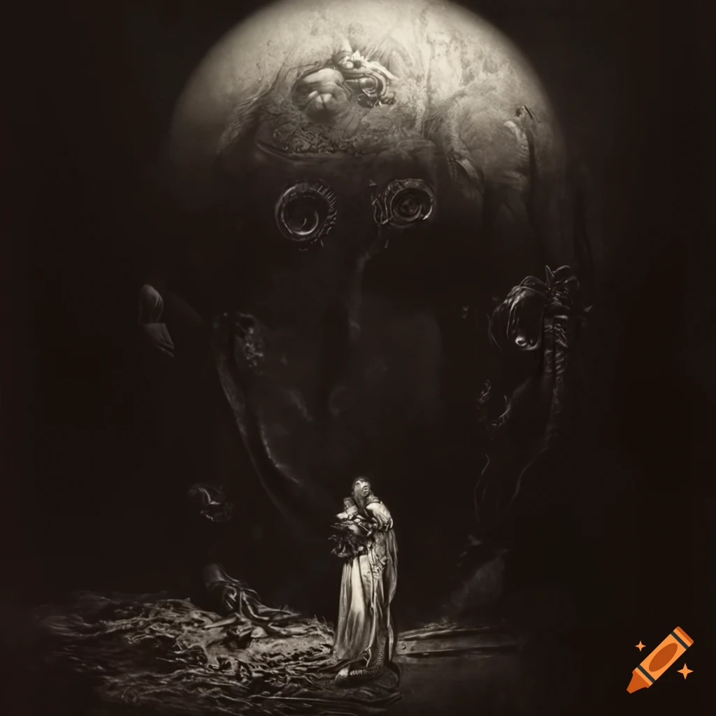 Surreal mezzotint artwork of a cyborg monster and a lady in futuristic armor at a dystopian landscape