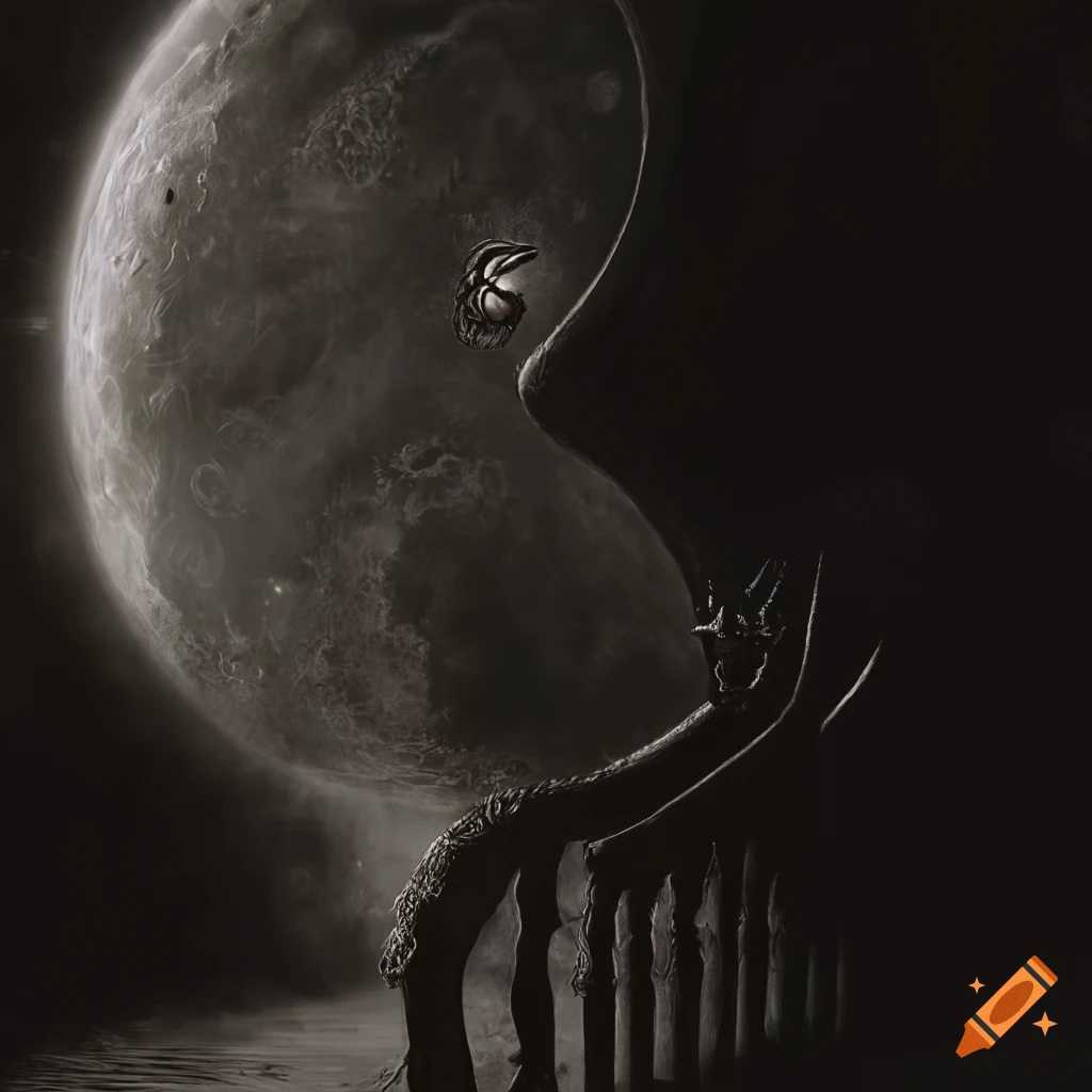 Surreal mezzotint of a sci-fi fantasy moonstation in a dystopian landscape