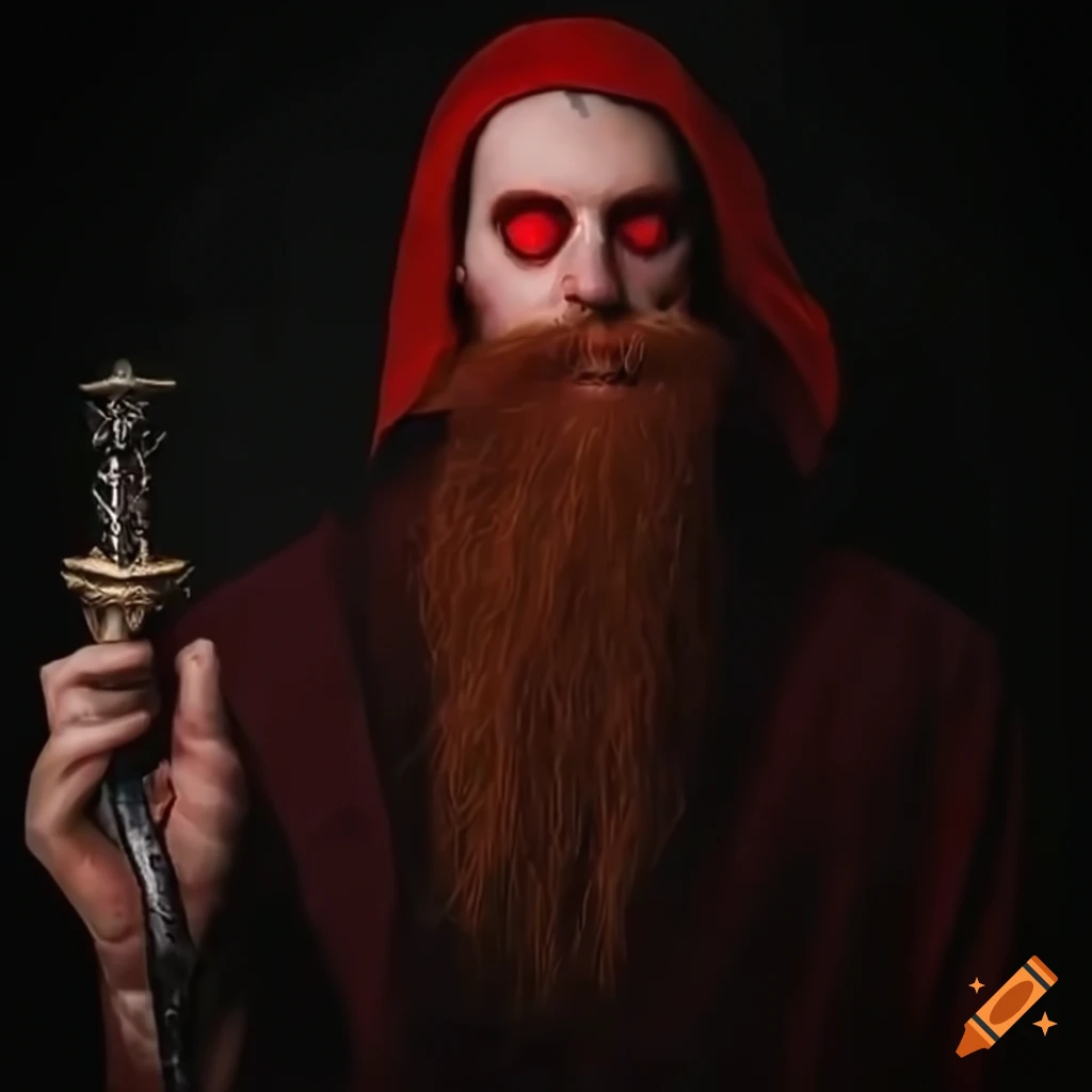 Evil young necromancer in dark attire with magic scepter