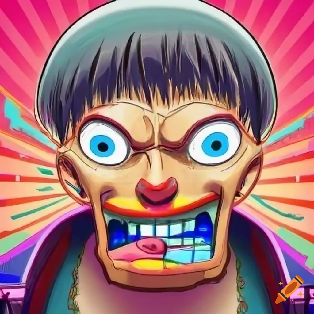 Quirky anime man in a colorful bizarre city with robots and aliens