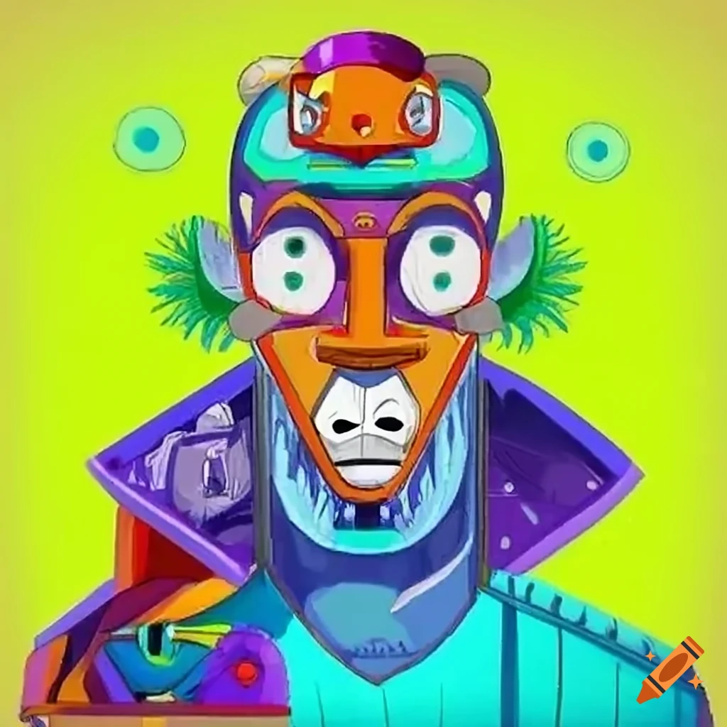 Anime man looking out of car window with African mask and tarot style, in outsider art style
