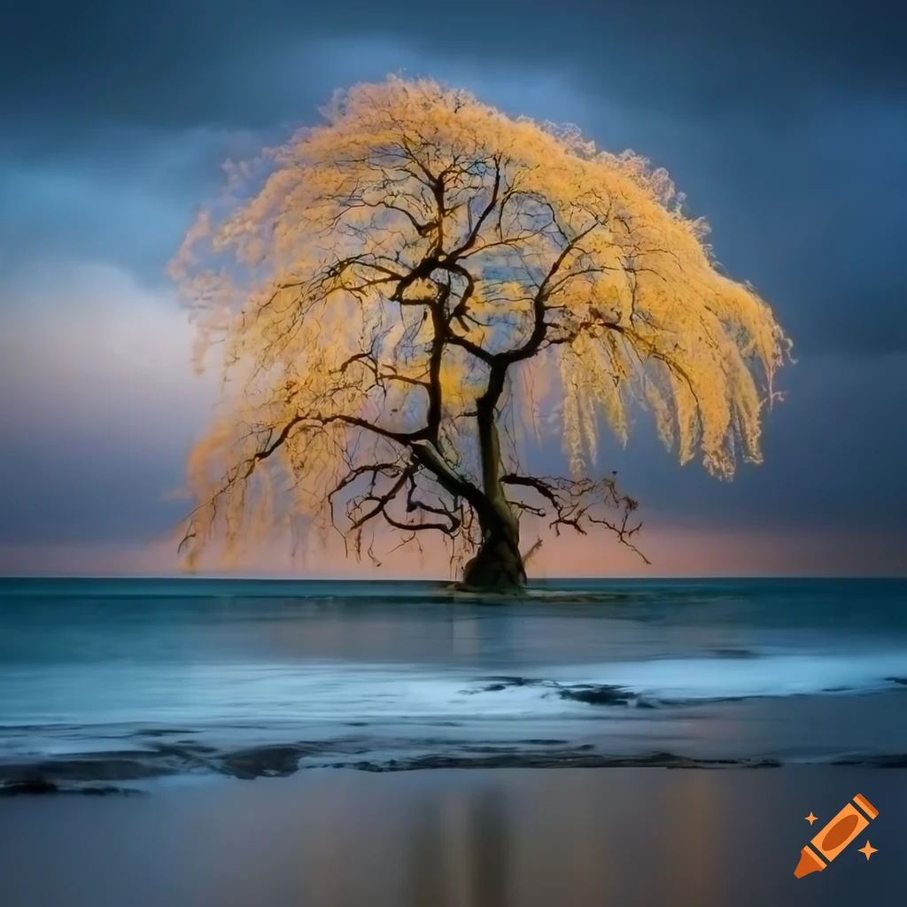 Old weeping willow tree standing in storm and heavy rain on a high rocky island in the sea under dark clouds and lightning