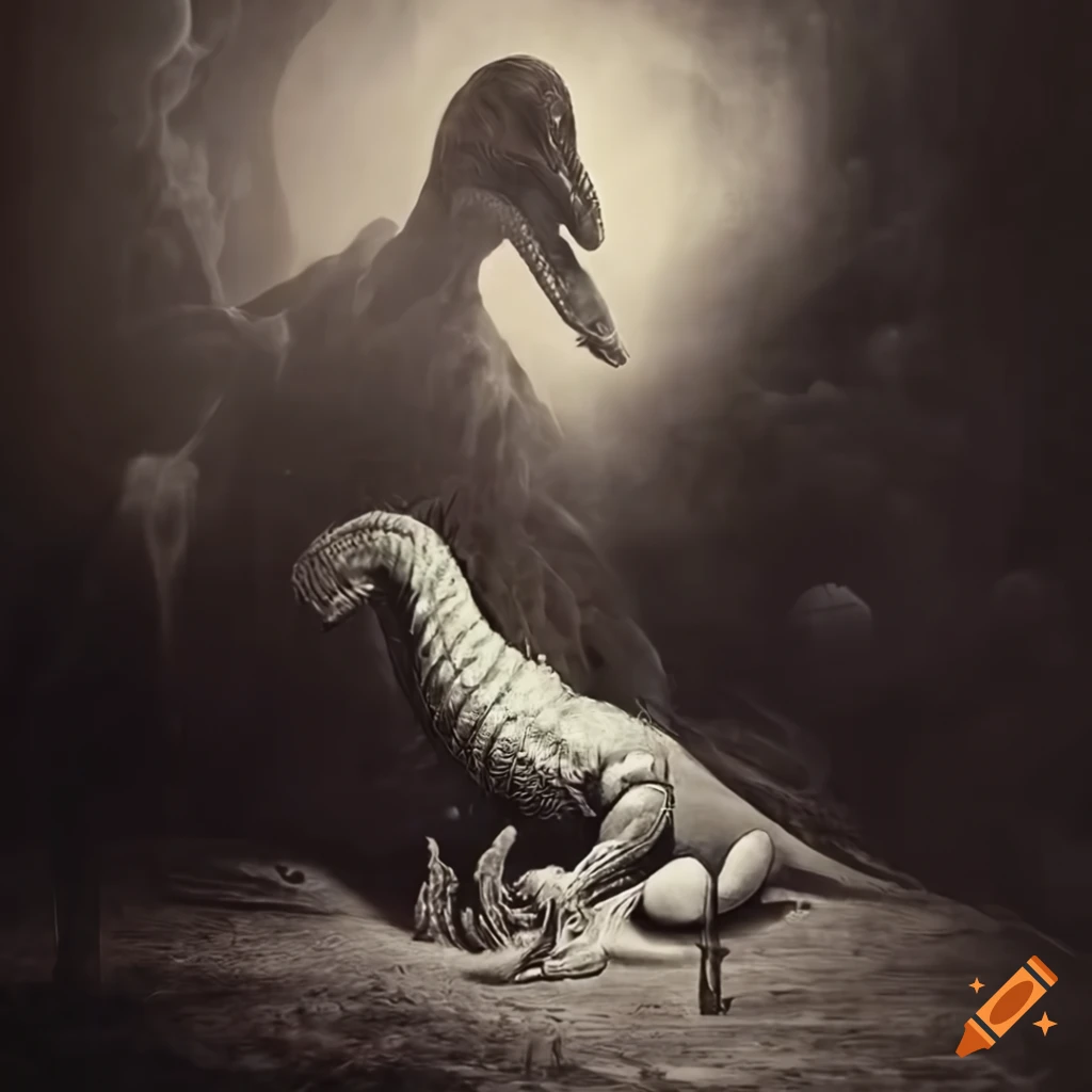 Cyborg dinosaur and futuristic lady in white armor in a dystopian landscape