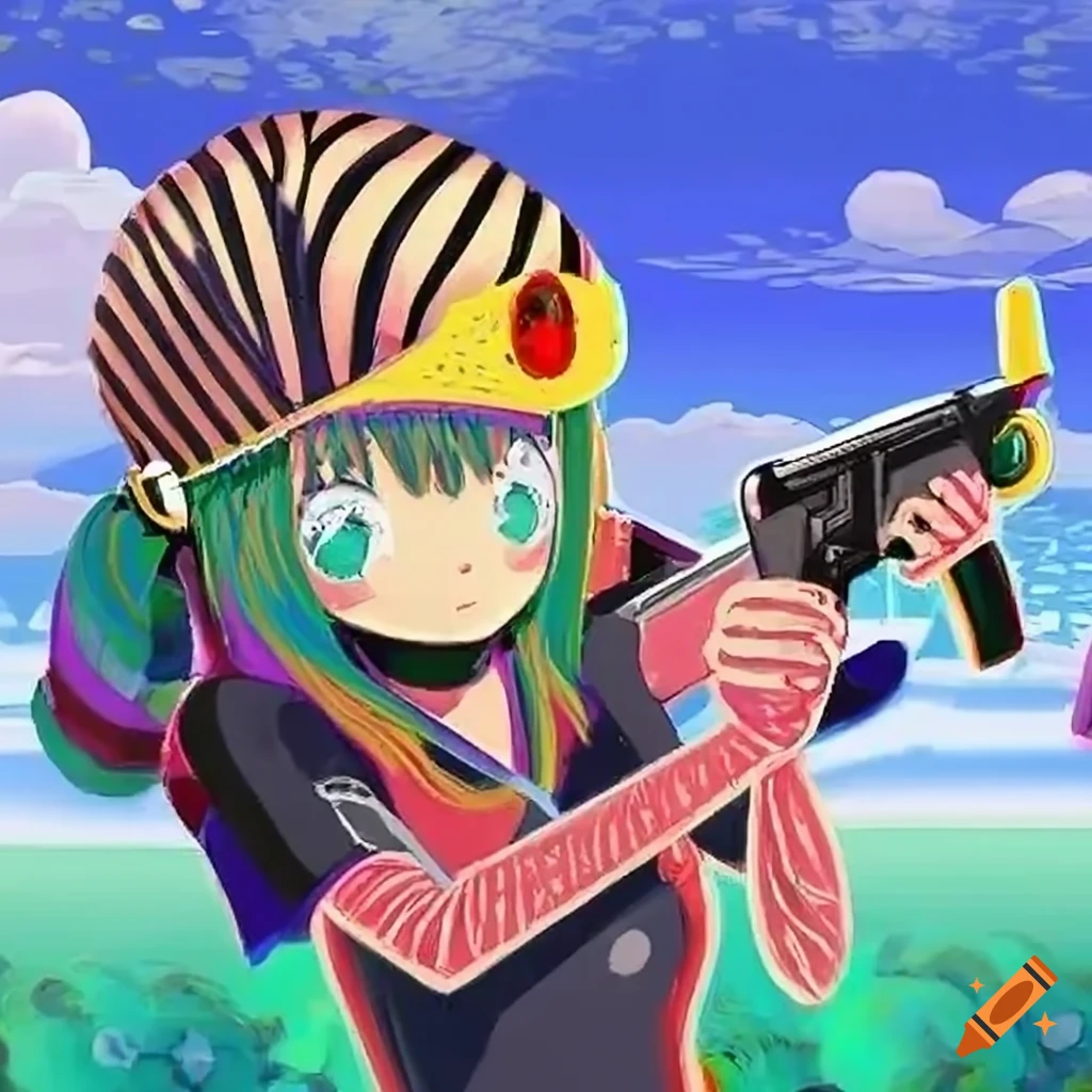 Anime girl with a large gun looking out of a car window in a colorful anime city with robots and aliens