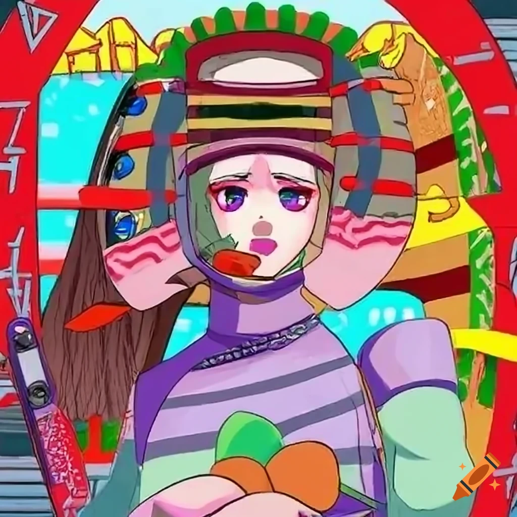 Anime girl with big eyes looking out of car window in colorful city with robots