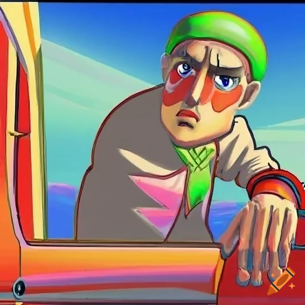 Anime style man looking out of car window in colorful and bizarre city with robots and aliens