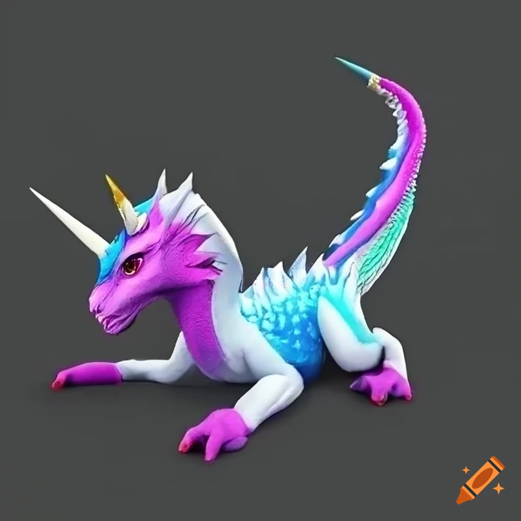 White-pink-blue unicorn-dragon hybrid laying playfully on a black carpet