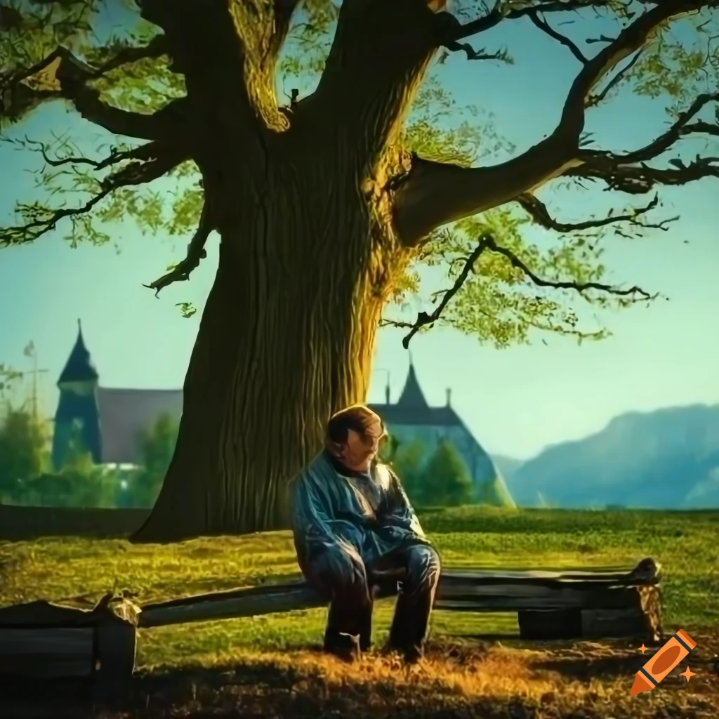 Kael sitting alone on a wooden bench in a bustling village with an old oak tree backdrop