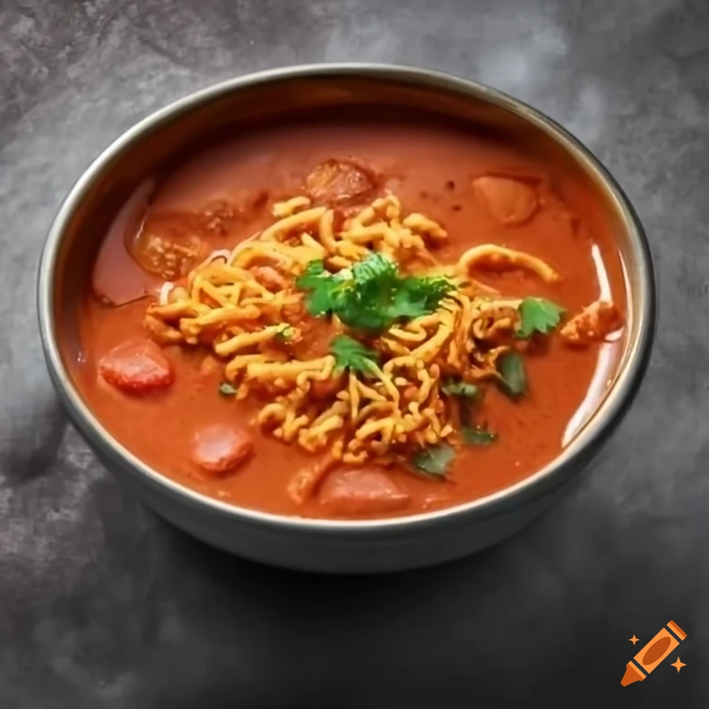 Indian-style sev tomato curry in a bowl