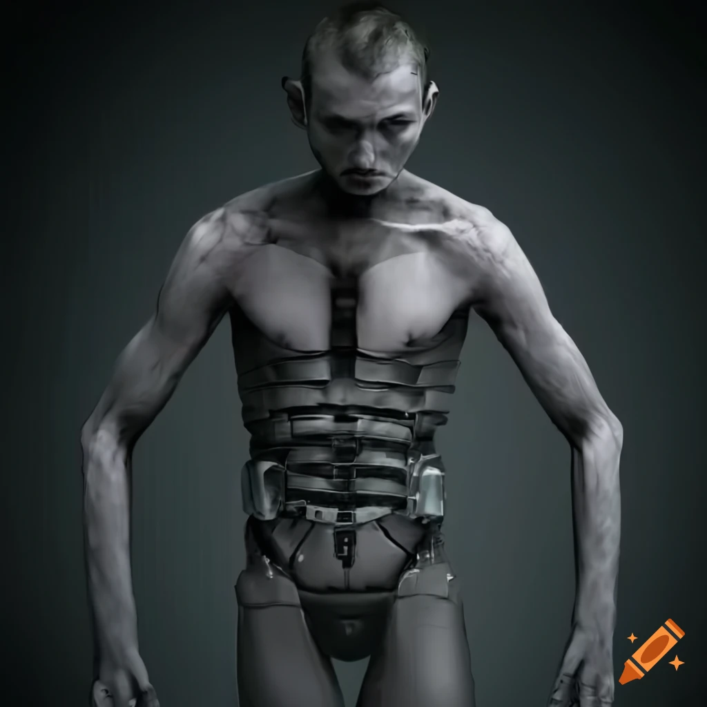Slim male cyborg in a dissociative state