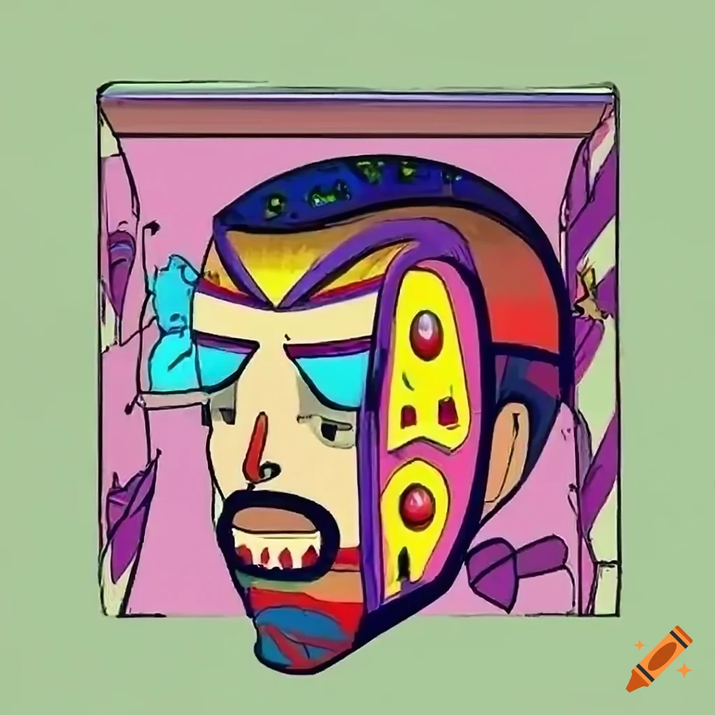 Anime man looking out of a car window in outsider art style with African mask and tarot influences