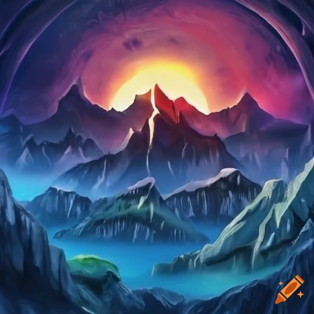 Intricately detailed mountain landscape with Yu-Gi-Oh art style inspiration