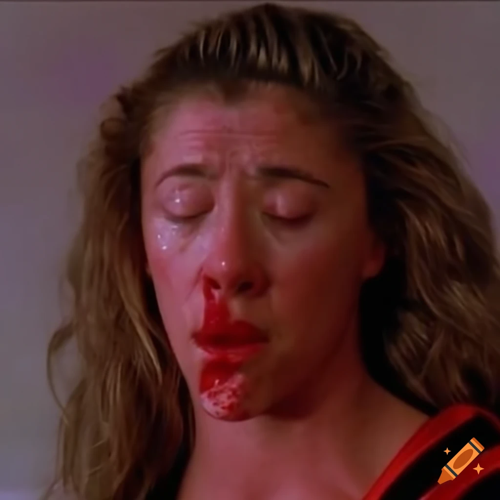 90's movie martial artist with expressive face and injuries