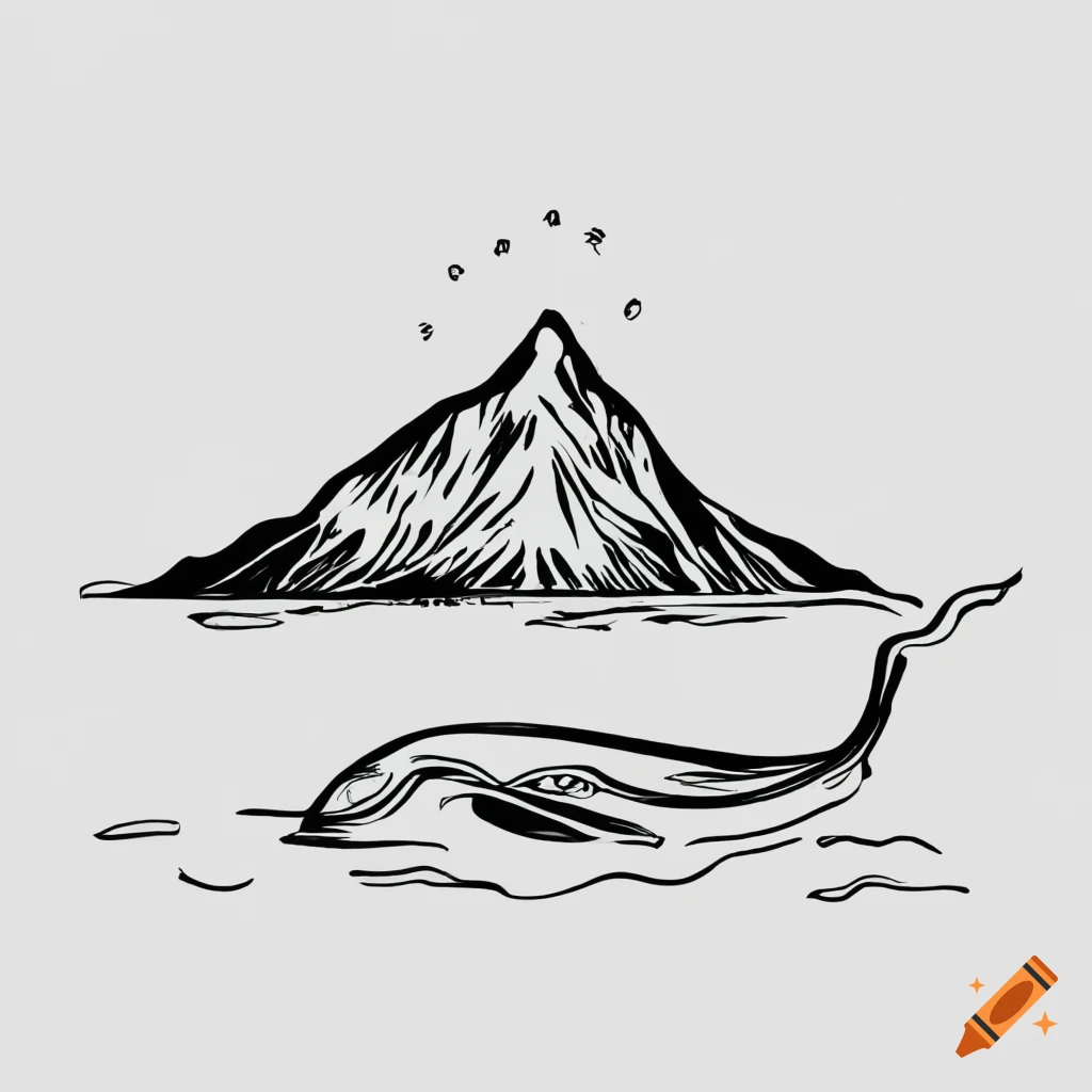 Minimalistic line art of Pico Mountain and a breaching whale in black and white