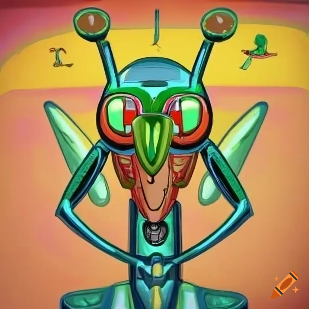 Anime style man looking out of car window in colorful room with robots and aliens