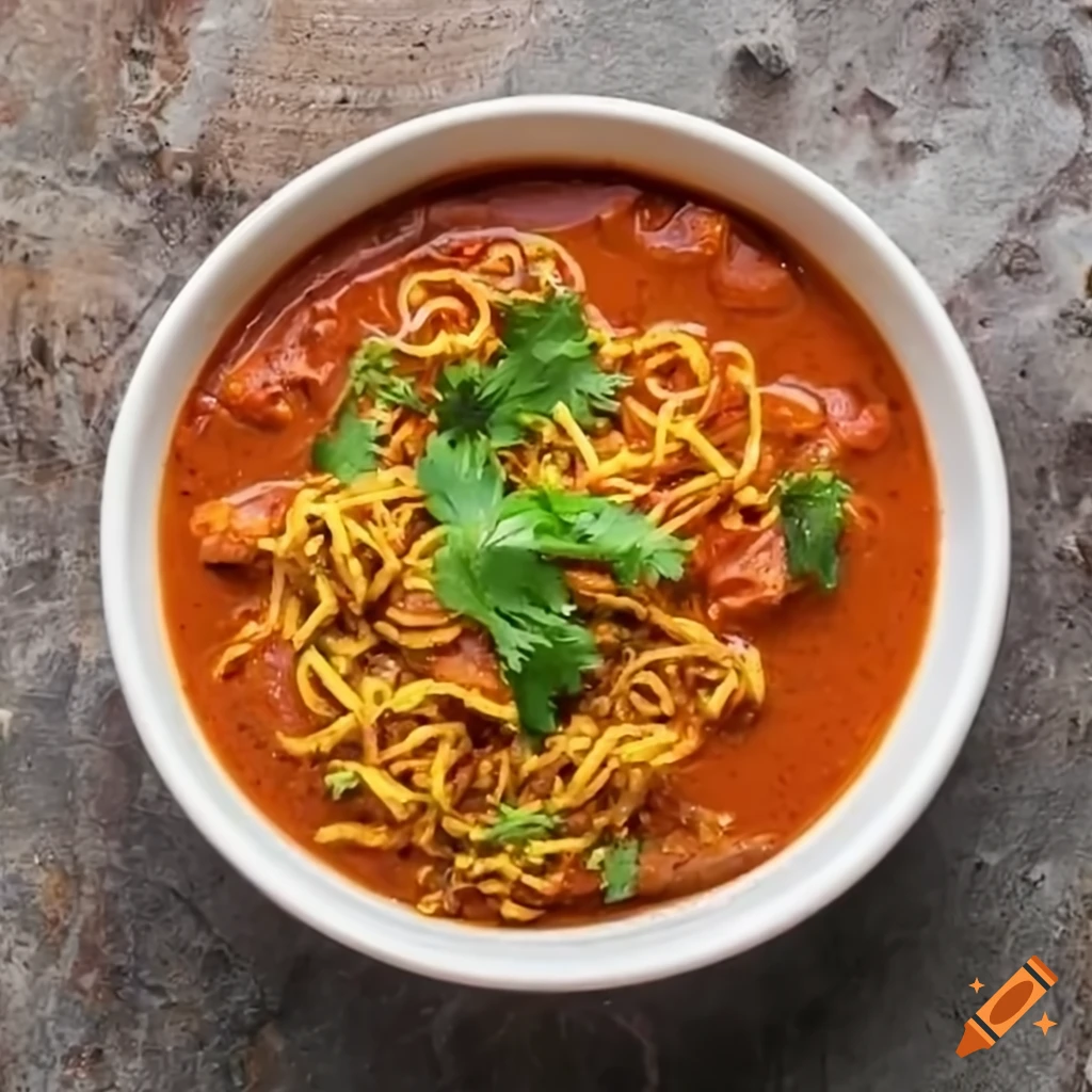 Indian-style sev tomato curry in a bowl