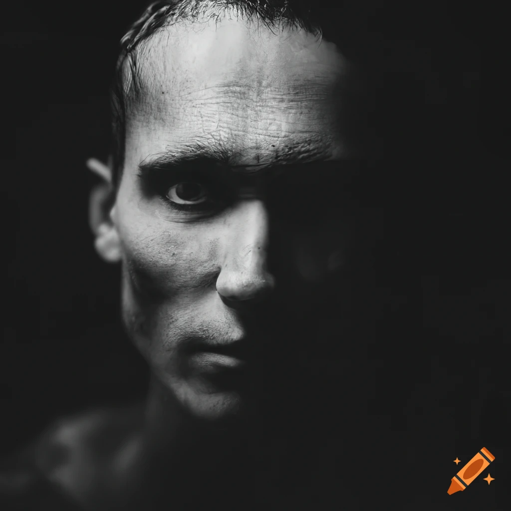 PhotoRealistic black and white image of a male cyborg in the rain with film noir vibes