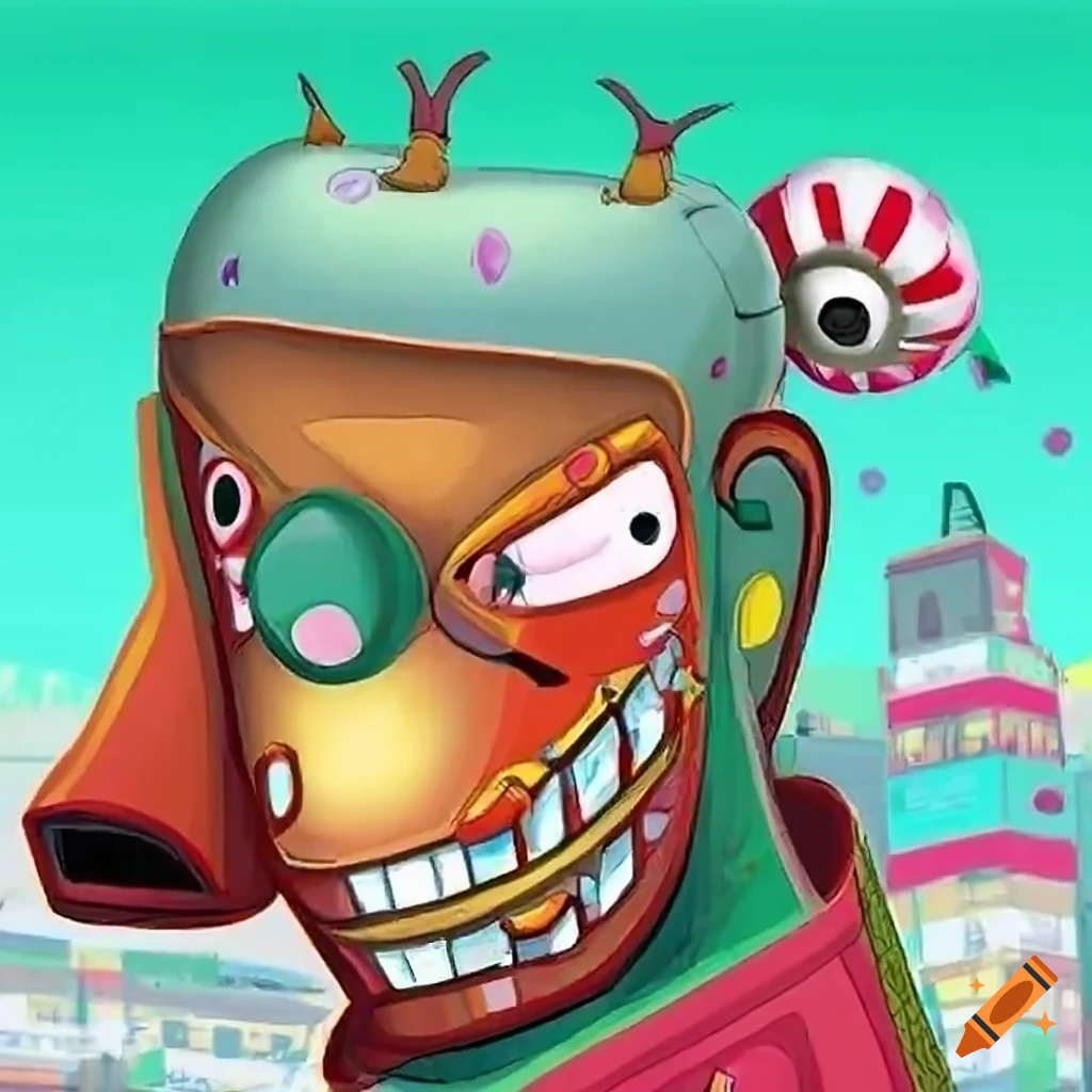 Anime man looking out of a car window with an African mask and tarot-inspired style, in a colorful bizarre city setting with robots and aliens