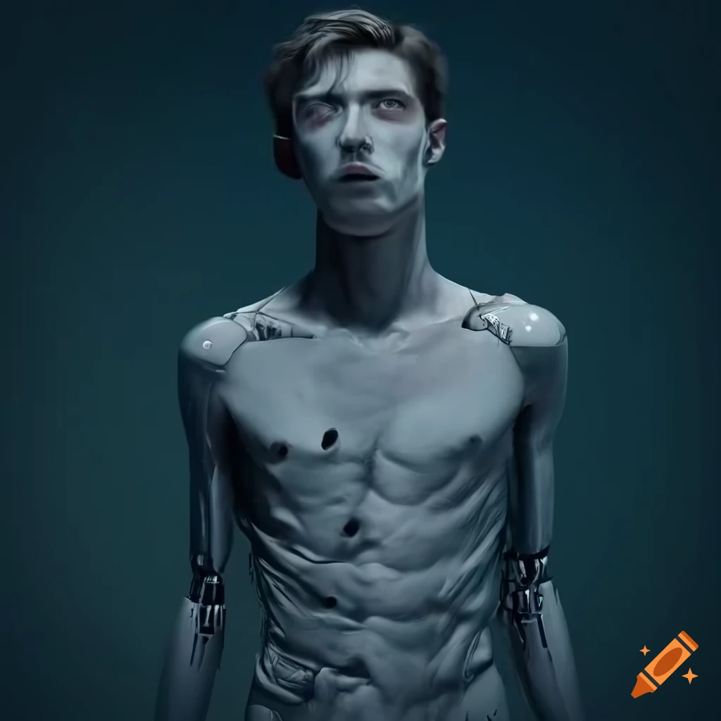 Skinny male cyborg in a narcotic haze