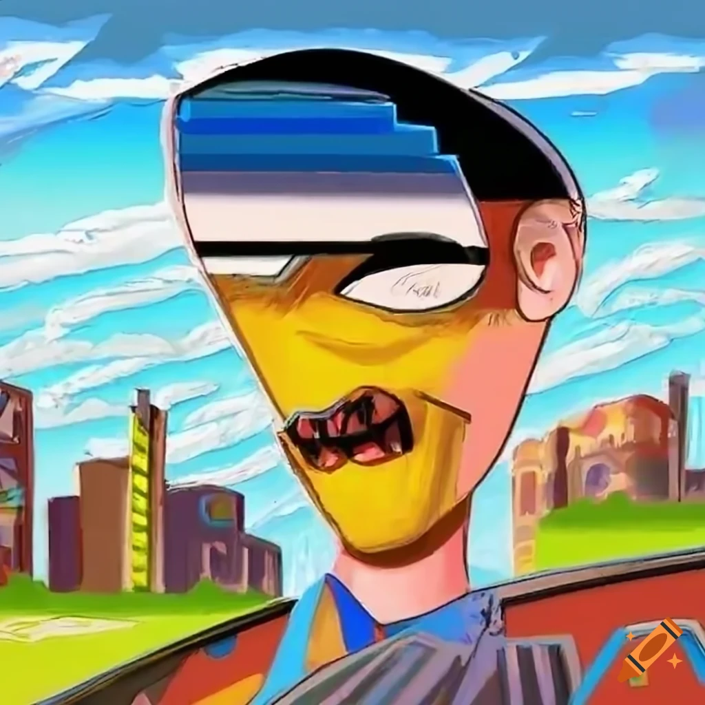 Anime man's face looking out of a car window in colorful bizarre city with robots and aliens