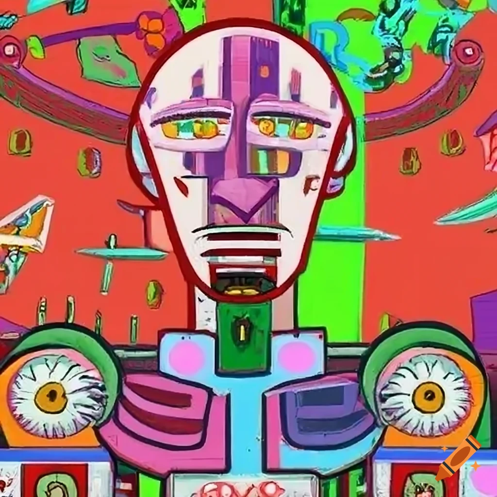 Anime style man looking out of car window in a colorful room, with robots and aliens in the city