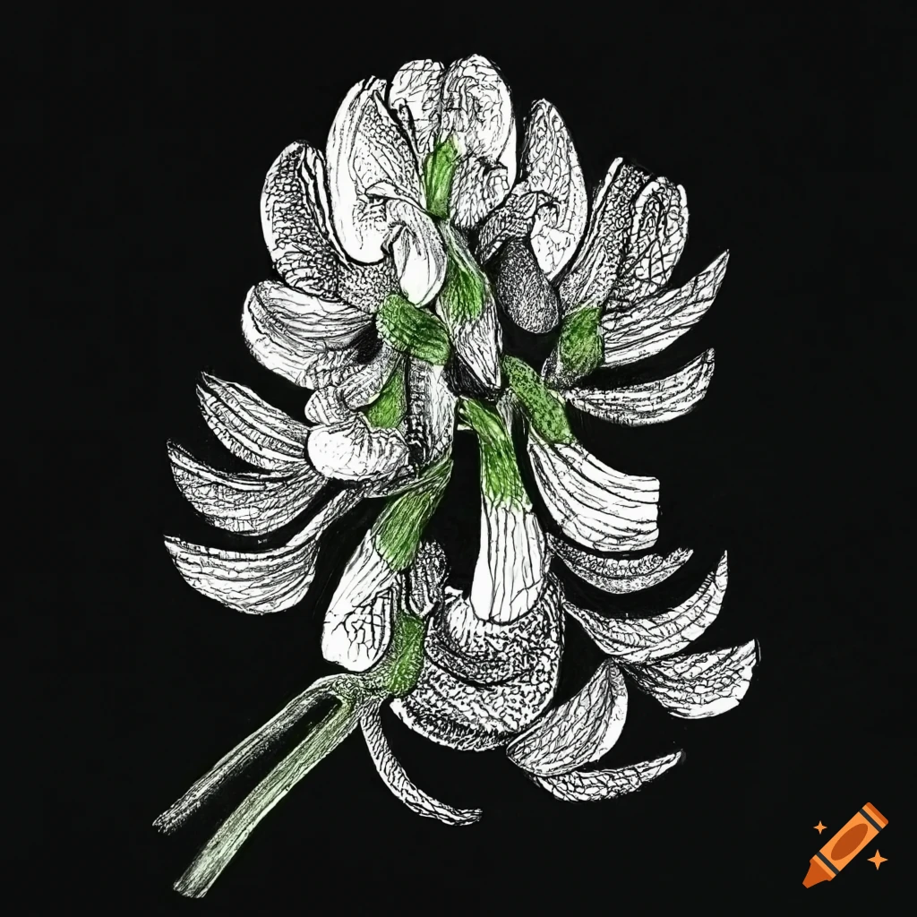 Medicago sativa flower graphite sketch on black background with white ink