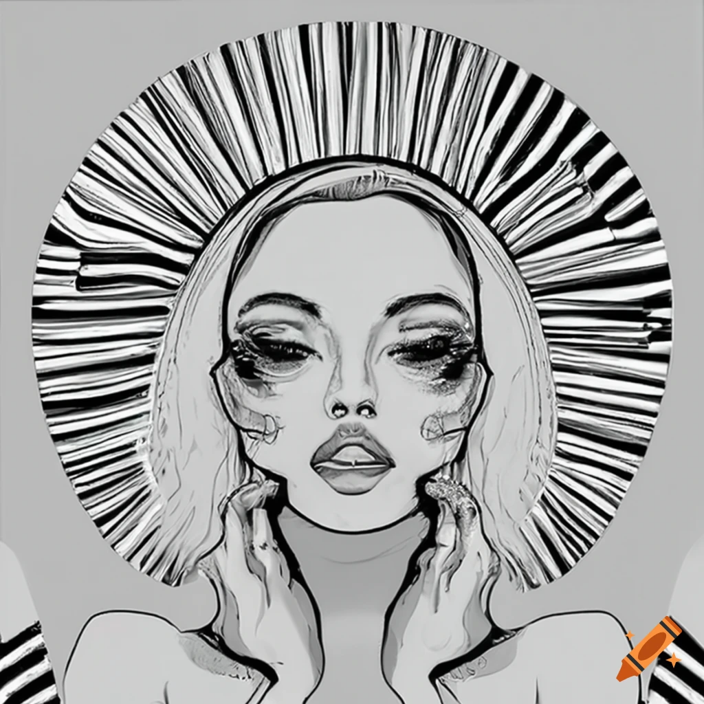 Face with cosmic bright eye makeup and runes without hair on a white background