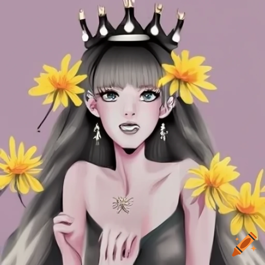 Princess with blonde hair in a pink voluminous dress holding a yellow flower in a forest